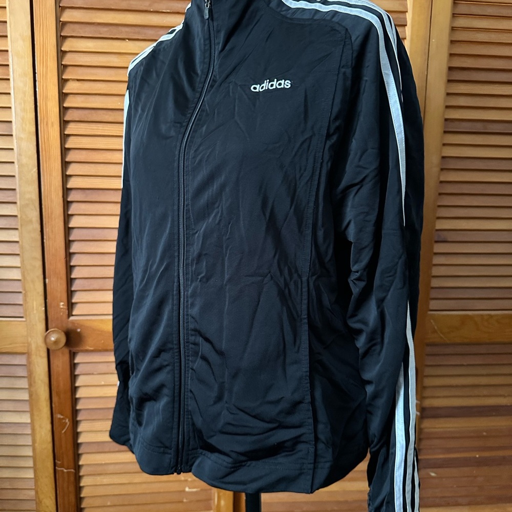 Y2K Adidas Women's Black Full Zip Athletic Track Jacket with White Stripes